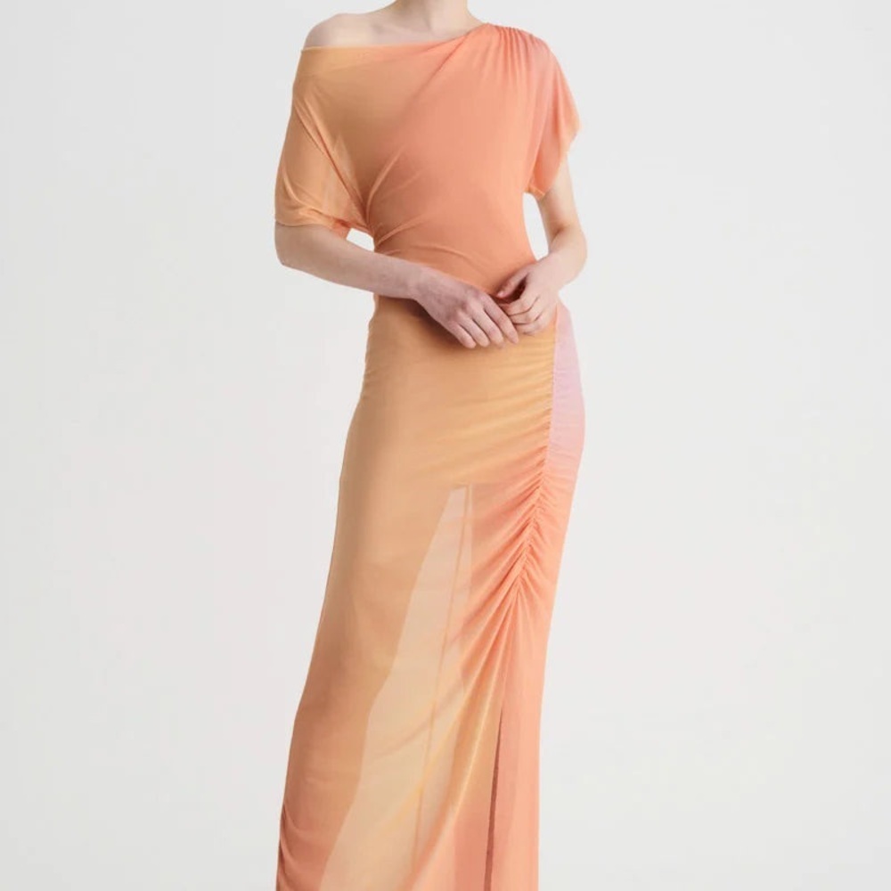 Suboo Sunset Ombré Mesh Maxi Dress Sheer Ruched – Size XL (Flaw)